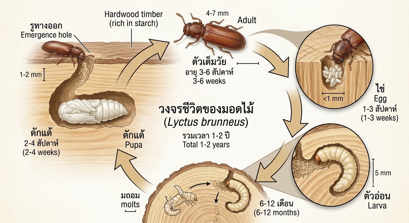 มอดไม้ (Lyctus brunneus): ข้อมูลทางวิชาการและหลักการควบคุม