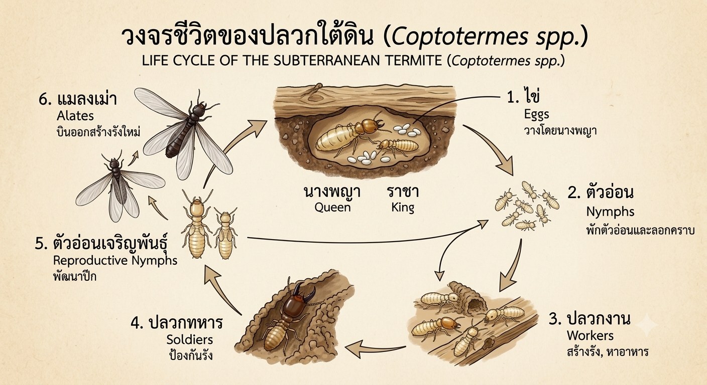 ปลวกใต้ดิน (Coptotermes spp.): ข้อมูลทางวิชาการและหลักการควบคุม